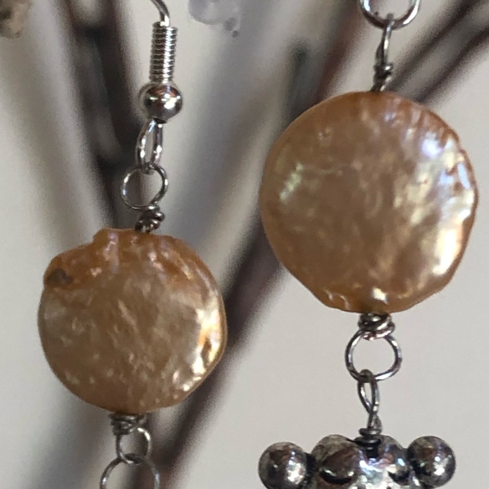 HAND CRAFTED Koi Goldfish Charm Pink Coin / Baroque Pearl Drop Silver Earrings - Picture 8 of 17